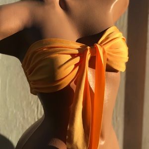 Orange hot neon Y2K bikini top bandeau strapless swimsuit rave festival club R2